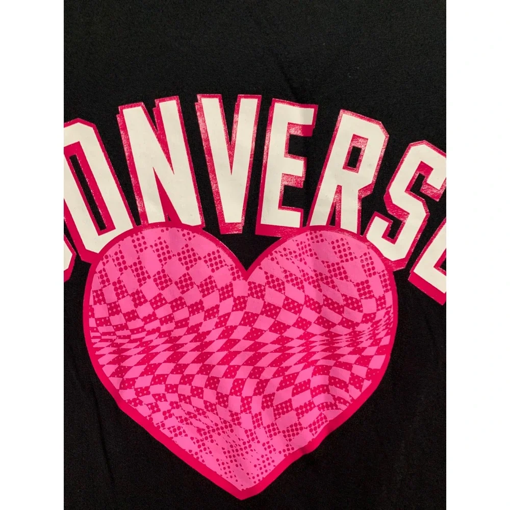 Converse Kids Girls XL Black Pink Heart Checkered Long Sleeve Graphic T-Shirt